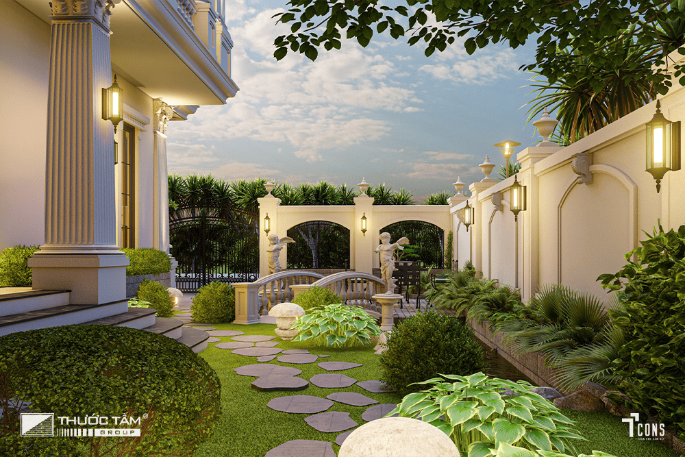 Tổng thể sân vườn tạo nên sự kết nối mạnh mẽ giữa kiến trúc và thiên nhiên.